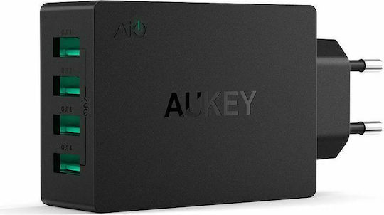 Aukey Φορτιστής Χωρίς Καλώδιο με 4 Θύρες USB-A 40W Μαύρος (PA-U36)