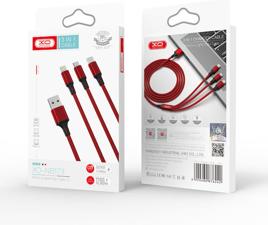 XO NB173 Braided USB to Lightning / Type-C / micro USB 1.2m 2.4A Cable Red