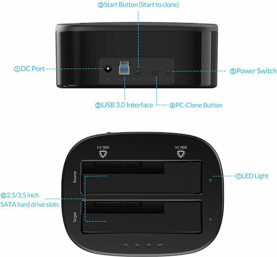 Orico 6228US3-C-BK Hard Drive Docking Station SATA 2.5" / 3.5" with Connection USB 3.0 (ORI-6228US3-C-BK)