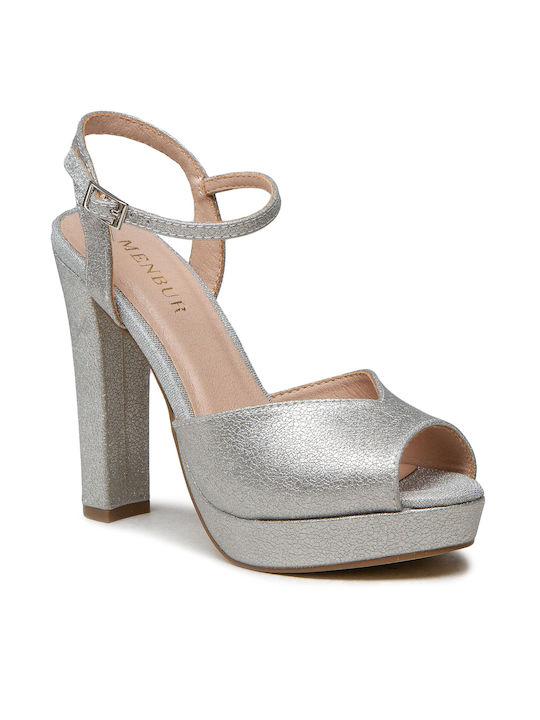 Menbur Leder Damen Sandalen mit Chunky hohem Absatz in Silber Farbe