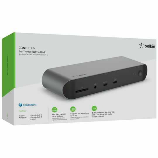 Belkin Connect Thunderbolt 4 Docking Station με HDMI 4K PD Ethernet και συνδεση 2 Οθονών Ασημί
