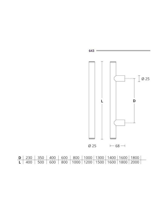 Front door handle Convex 643 Nickel Matt - stainless steel Overall length 600mm Single