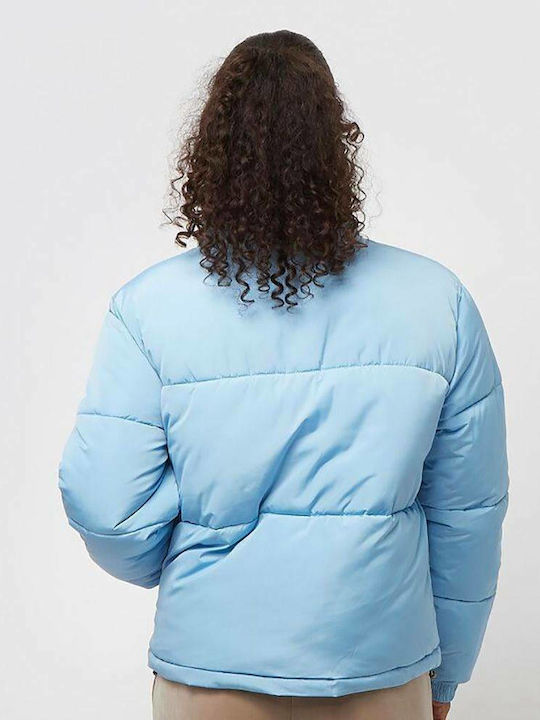Retro Reversible Women's Short Puffer Jacket Double Sided for Winter Light Blue