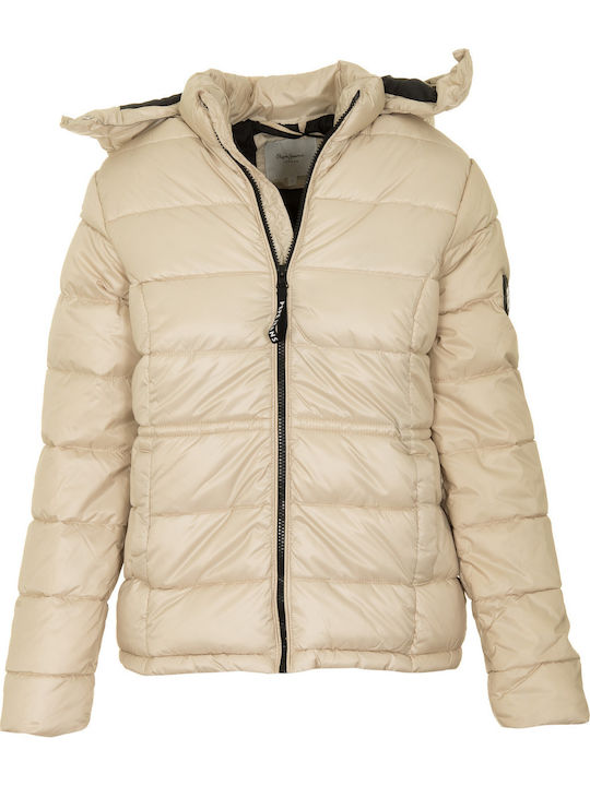 Camille Women's Short Puffer Jacket for Winter with Hood Beige