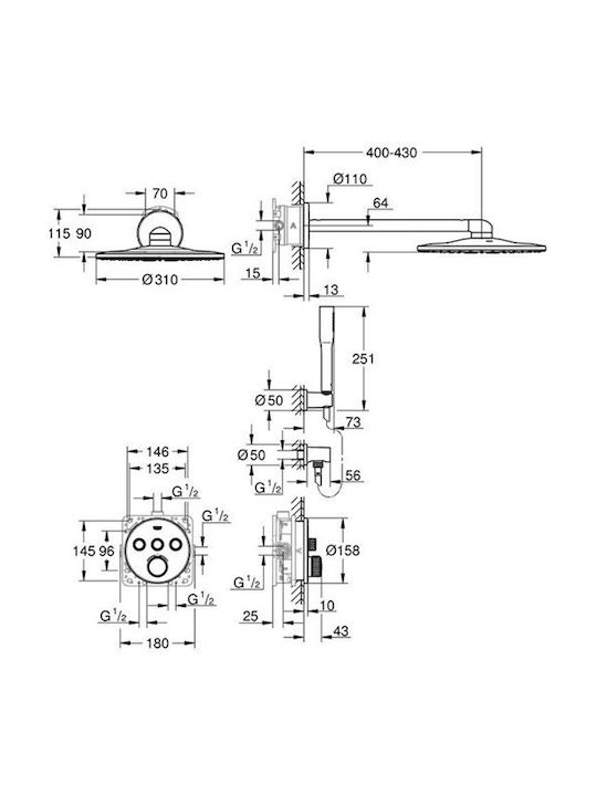 Grohe Smart Control Σετ Μίκτης, Τηλέφωνο & Κεφαλή Ντουζ Εντοιχισμού Ντουζιέρας 3 Εξόδων Ασημί