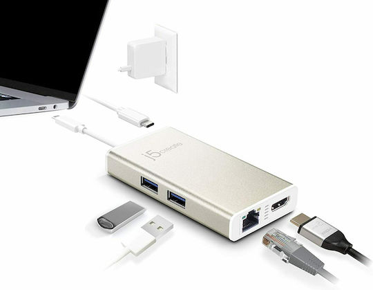 J5create J5create JCA374 USB-C Docking Station με HDMI 4K PD Ethernet Χρυσό