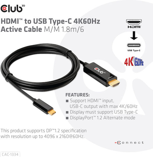 Club3D Cable HDMI male - USB-C male 1.8m Μαύρο