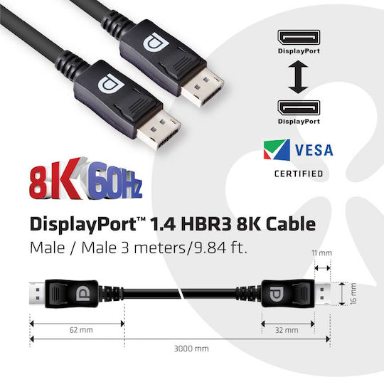 Club3D Cablu DisplayPort Masculin - DisplayPort Masculin 3m Negru (CAC-1060)