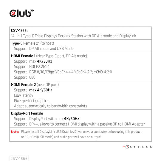 Club3D USB-C Docking Station με HDMI/DisplayPort 4K PD Ethernet Μαύρο (CSV-1566)