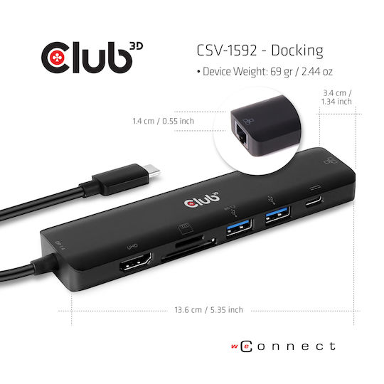 Club3D USB-C Docking Station με HDMI 4K PD Ethernet Μαύρο (CSV-1592)