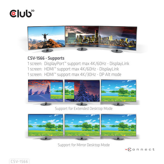 Club3D USB-C Docking Station με HDMI/DisplayPort 4K PD Ethernet Μαύρο (CSV-1566)