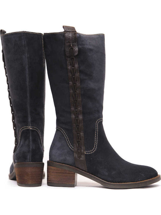 Leather Medium Heel Women's Boots Navy Blue