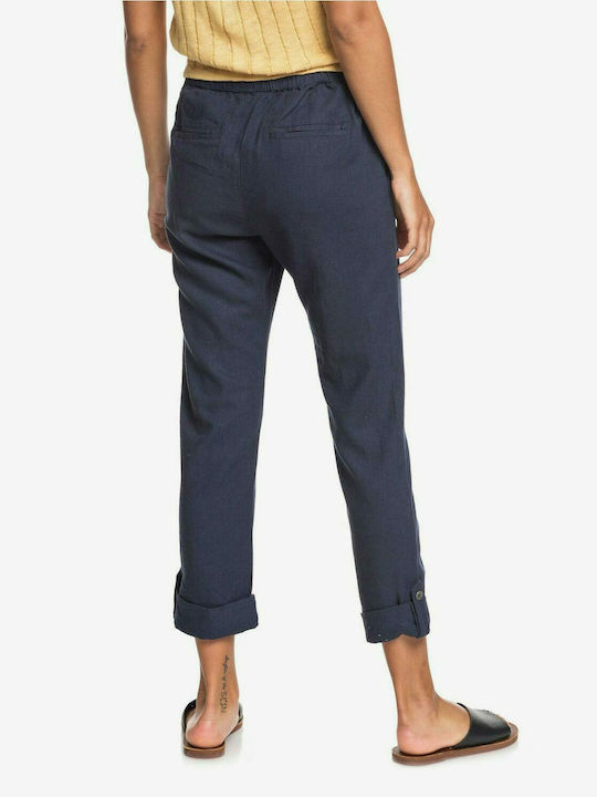 Roxy On The Seashore Women's High Waist Linen Trousers with Elastic Blue