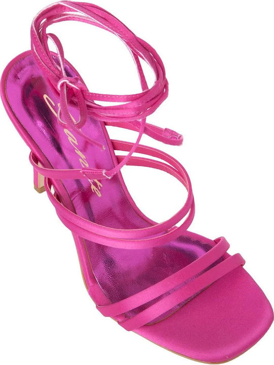 Fabric Women's Sandals with Laces Fuchsia with Thin High Heel