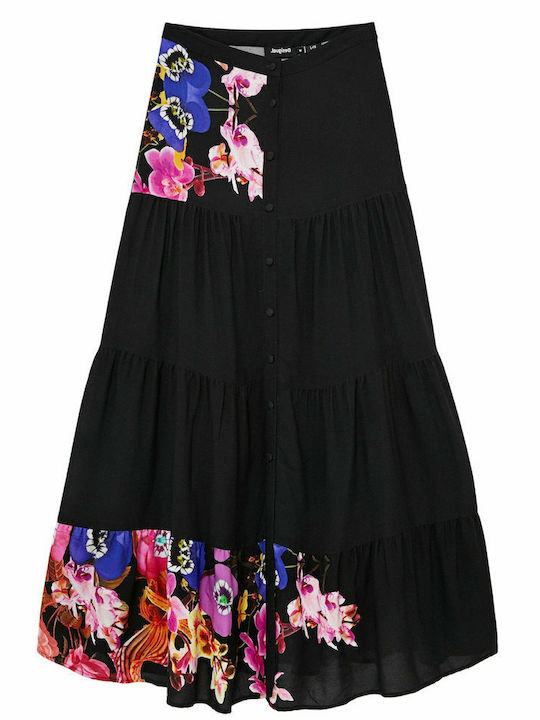 Hoch tailliert Maxi Rock Blumen Schwarz