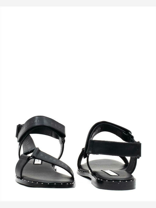 Hayes Logo Leather Women's Flat Sandals with Strap in Black Color