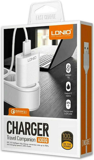 Ldnio с USB-A порт и кабел Lightning 18W Quick Charge 3.0 Бял (A303Q)