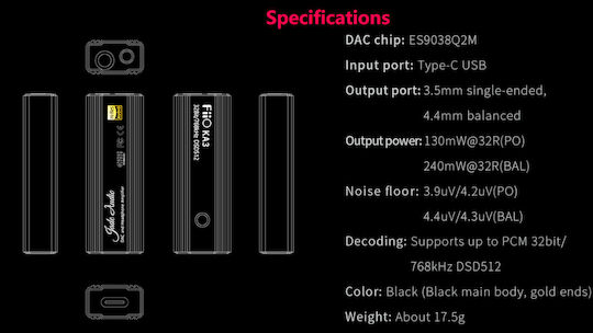 Fiio KA3 Φορητός Ψηφιακός Ενισχυτής Ακουστικών Μονοκάναλος με DAC, USB και Jack 3.5mm