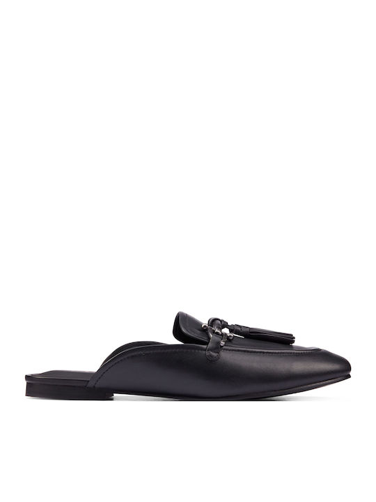 Pure2 Flat Leather Mules in Black Color