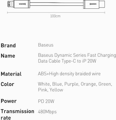 Baseus Dynamic Împletit USB-C la Cablu Lightning 20W Alb 1m (CALD000002)