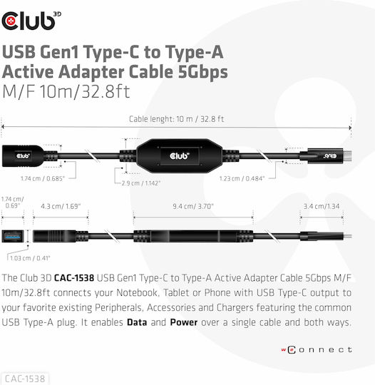 Club3D USB 3.2 Cable USB-C male - USB-A female Μαύρο 10m CAC-1538