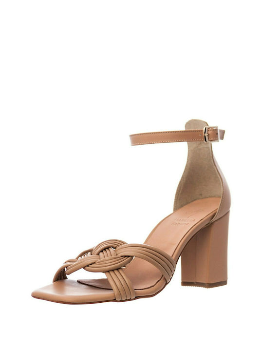 Mariella Fabiani Leather Women's Sandals with Ankle Strap Beige with Chunky High Heel