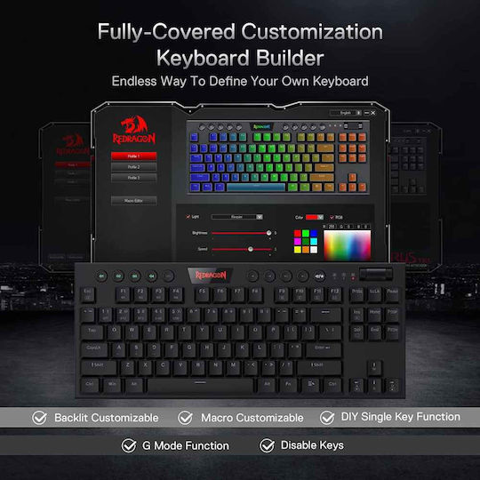 Redragon K621 Horus Gaming Μηχανικό Πληκτρολόγιο Tenkeyless με Custom Red διακόπτες και RGB φωτισμό (Αγγλικό US)