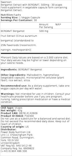 Swanson Bergamot Extract 500mg 30 veg. Kappen
