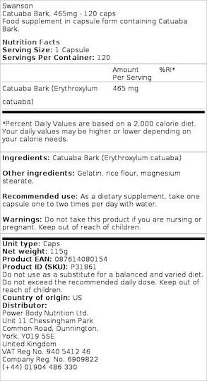 Swanson Catuaba Bark 465mg 60 Capsules