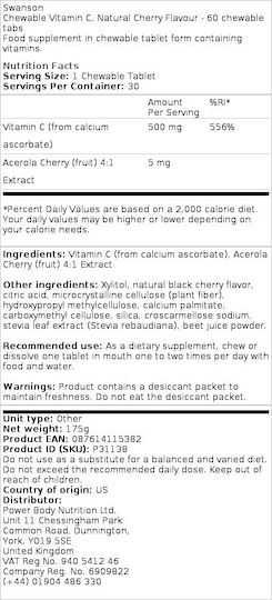 Swanson Chewable Vitamin C Vitamin for Immune System Boost, Skin & Antioxidant Action 60 chewable tabs