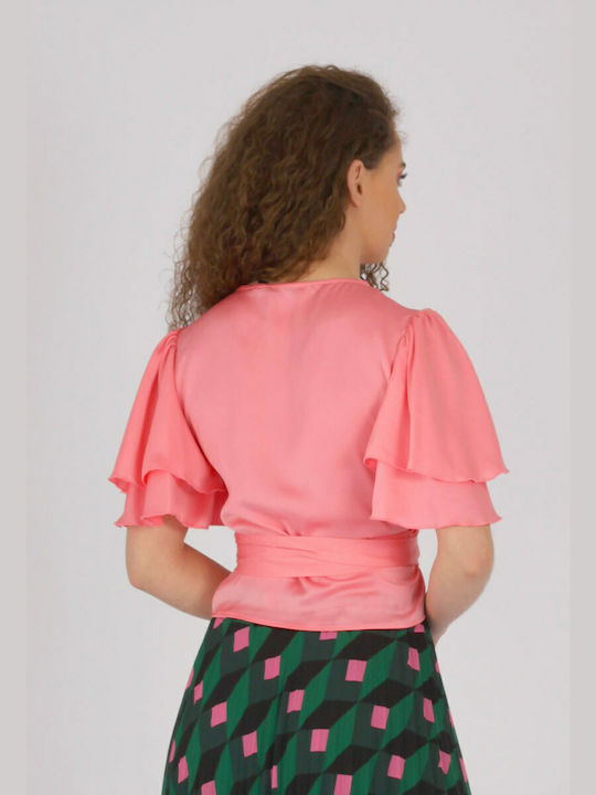 Desiree Women's Summer Blouse Satin Short Sleeve with V Neckline Pink