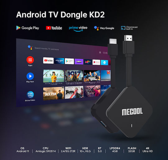 Mecool Smart TV Stick KD2 4K UHD cu Bluetooth Wi-Fi HDMI și Google Assistant