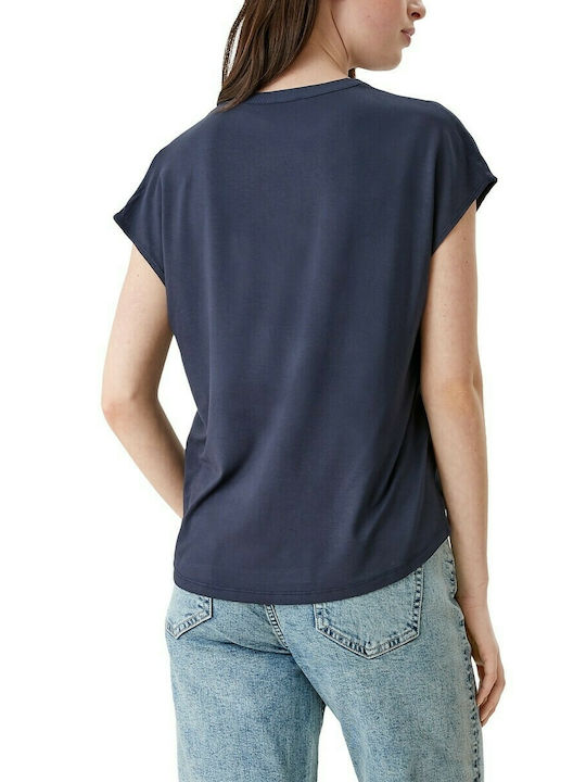 S.Oliver Women's Summer Blouse Short Sleeve with V Neckline Navy Blue