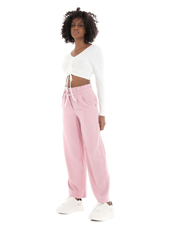 Only Γυναικεία Ψηλόμεση Υφασμάτινη Παντελόνα σε Paperbag Εφαρμογή σε Ροζ Χρώμα