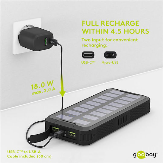 Goobay 53934 Ηλιακό Power Bank 20000mAh 18W με 2 Θύρες USB-A και Θύρα USB-C Power Delivery Μαύρο