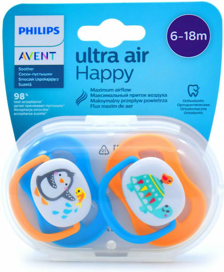 Philips Ultra Air Orthodontic Pacifiers Silicone with Case Penguin-Turtle - Blue - Orange for 6-18 months 2pcs