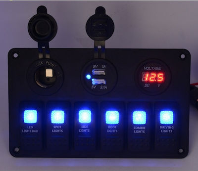 Boat Switch with Panels Panel with 6 Switches, Lighter, Double USB & Voltmeter