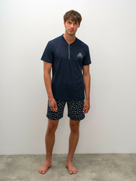 Vamp Men's Summer Cotton Pajamas Set Navy Blue