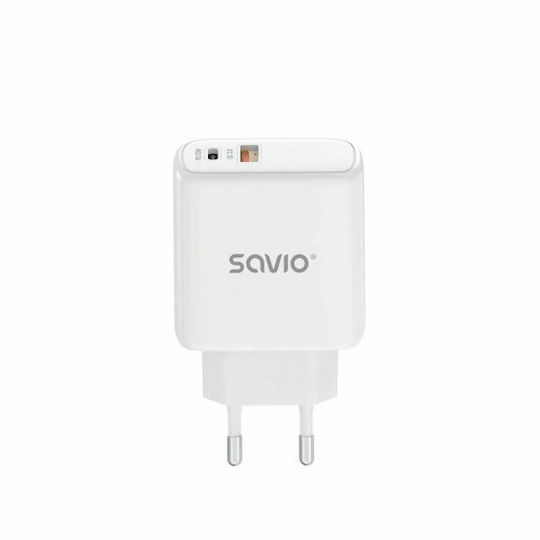 Savio Зарядно без кабел с USB-A порт и USB-C порт 30W Power Delivery / Quick Charge 3.0 Бял (LA-06)