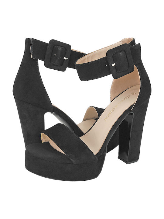 Gianna Kazakou Suede Women's Sandals Sasser with Ankle Strap Black with Chunky High Heel AE7961.2774F2477.K-01