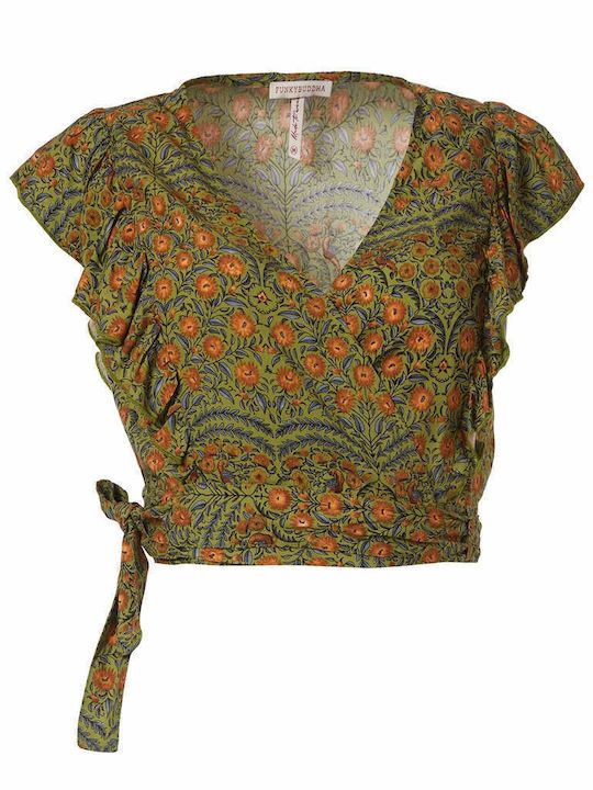 Women's Summer Crop Top Sleeveless with V Neckline Floral Warm Olive