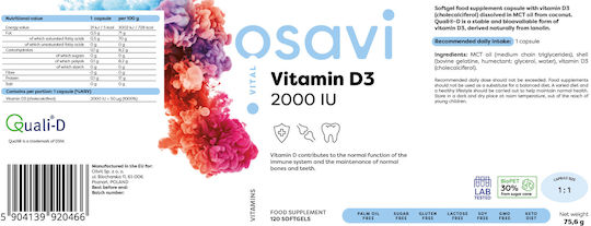 Osavi Vitamin D3 Βιταμίνη για Ενίσχυση του Ανοσοποιητικού & την Υγεία των Οστών 2000iu 120 μαλακές κάψουλες