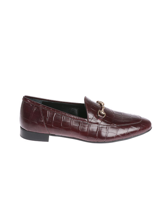 NEW-MATIC CROCO LEATHER MOCCASINS FLAT WITH GOLD BUCKLE BURGUNDY - BURGUNDY WOMEN'S MOCCASINS