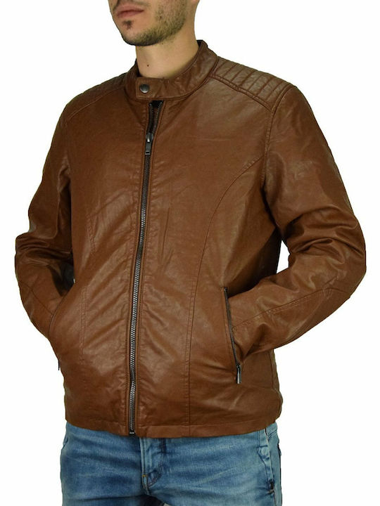 Faux Leather Jacket Biker Tabac Brown
