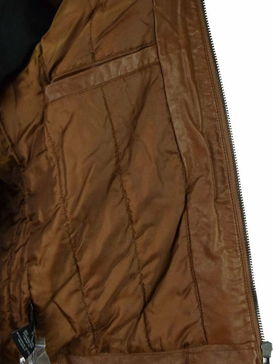 Faux Leather Jacket Biker Tabac Brown