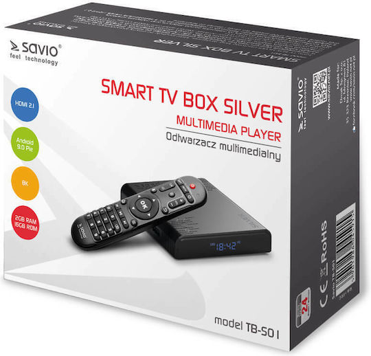 Savio TV Box TB-S01 8K UHD με WiFi USB 2.0 / USB 3.0 2GB RAM και 16GB Αποθηκευτικό Χώρο με Λειτουργικό Android 9.0