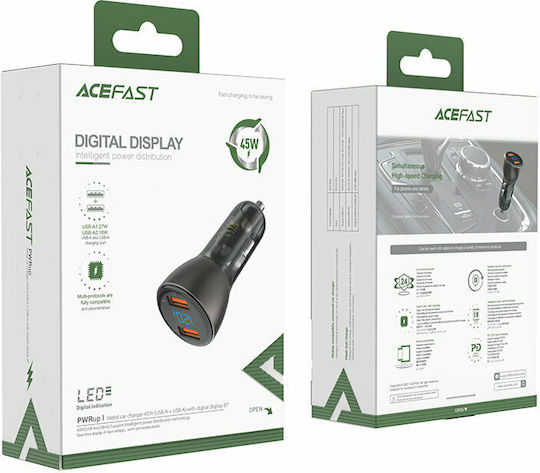 Acefast B7 Car Charger 45W 3A Fast Charging with Ports 2xUSB Black Color