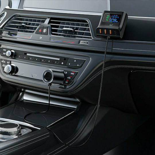 Acefast B8 Încărcător Auto 90W 3A De Încărcare Rapidă Cu Porturi 3xUSB-A 1xType-C Cu Cablu Integrat Culoare Neagră