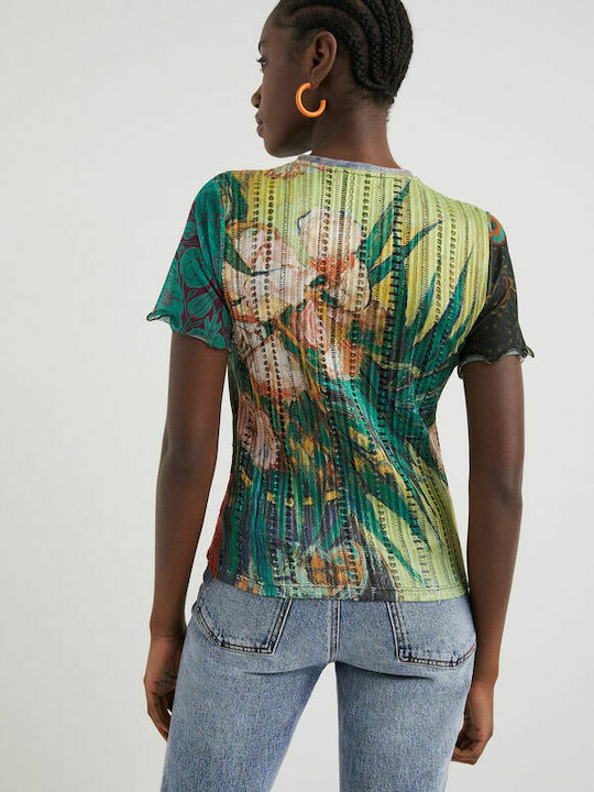 Desigual Textured Artwork Women's Summer Crop Top Short Sleeve Green