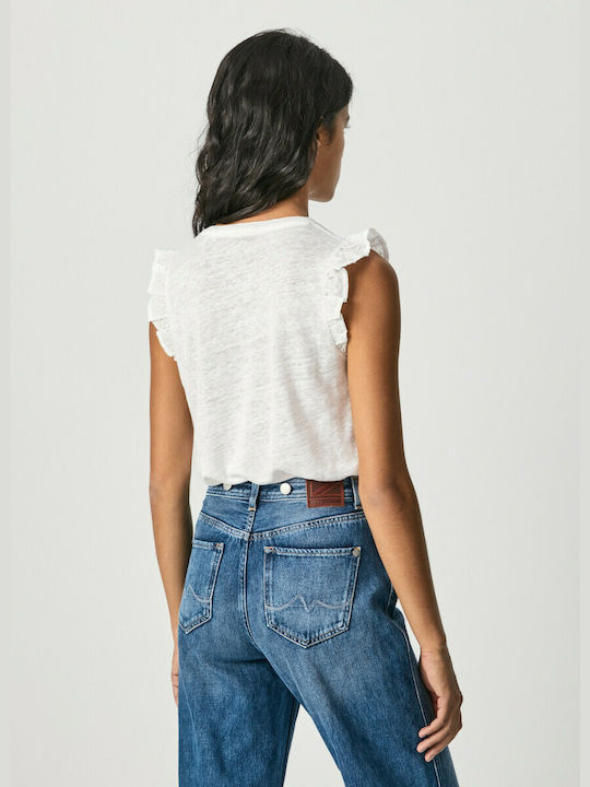 Pepe Jeans Women's Summer Blouse Linen Sleeveless White